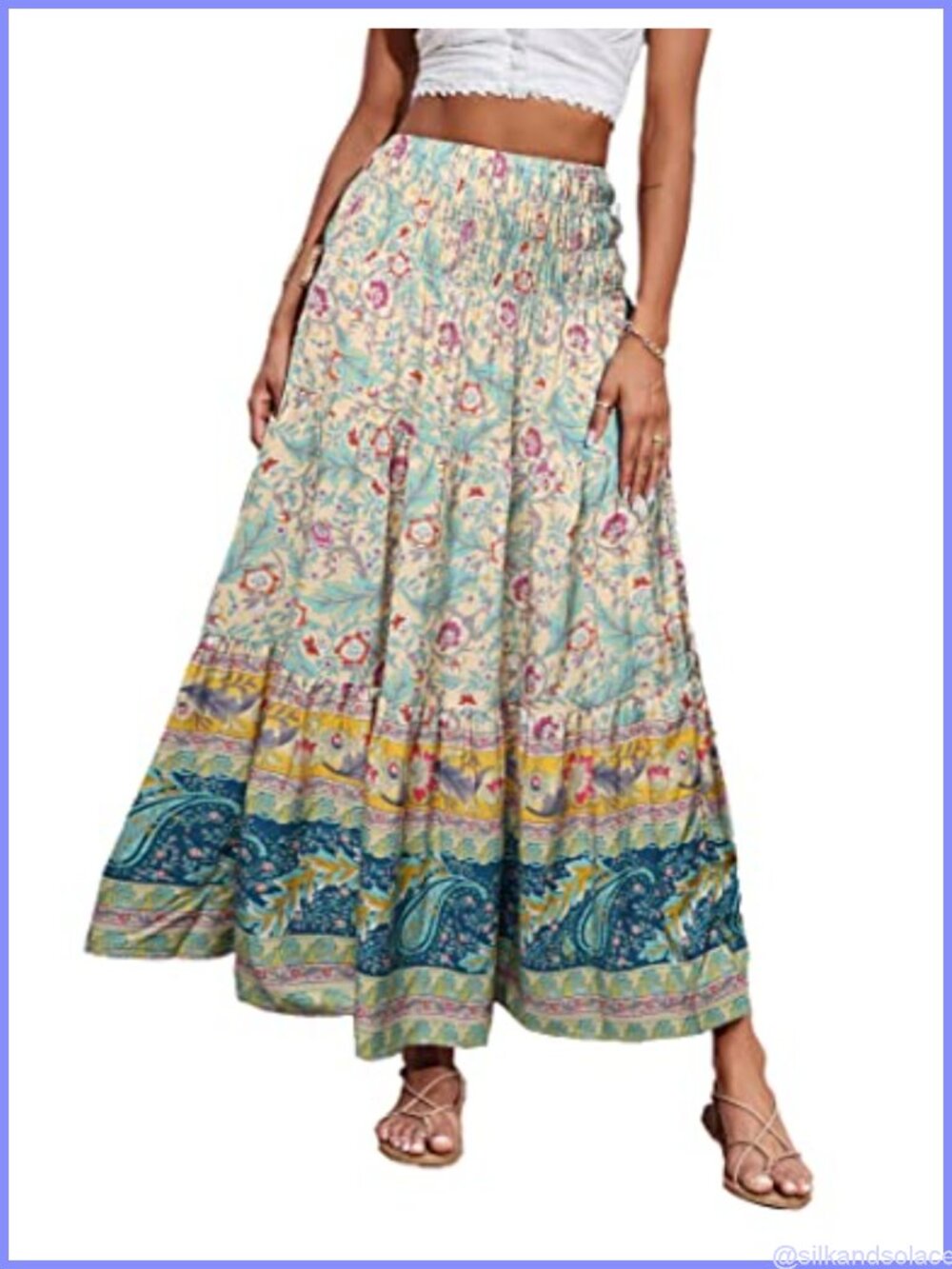 Women's Boho Floral Maxi Skirt High Waist A-Line Pleated Ruffle Beach Vacation - Picture 1 of 6